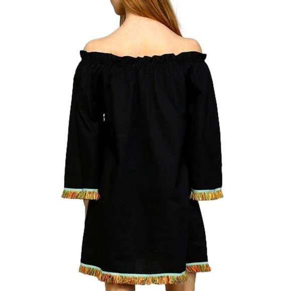 Boho Off Shoulder Fringe Trimmed Gypsy Dress NEW - Picture 3 of 5